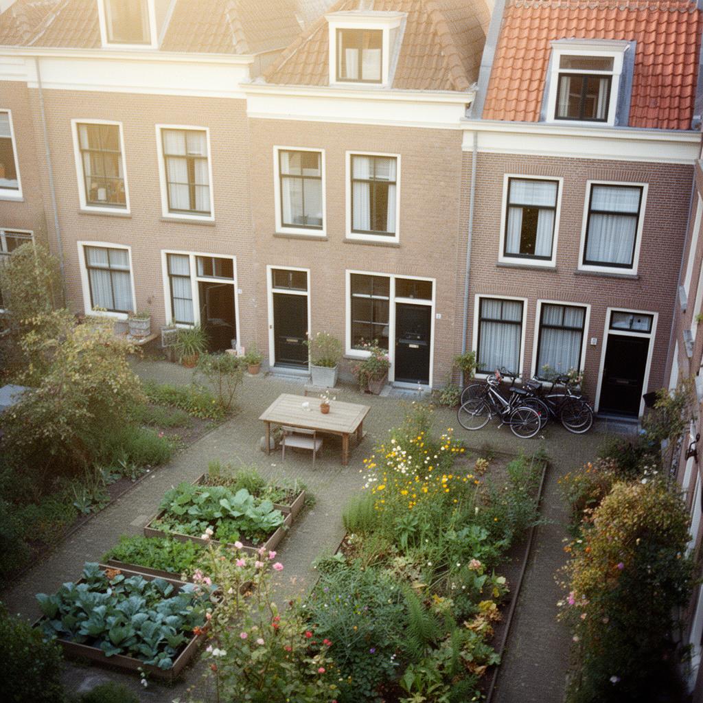 Utrechtse herenhuizen rond een gemeenschappelijke tuin met groentebakken en fietsen